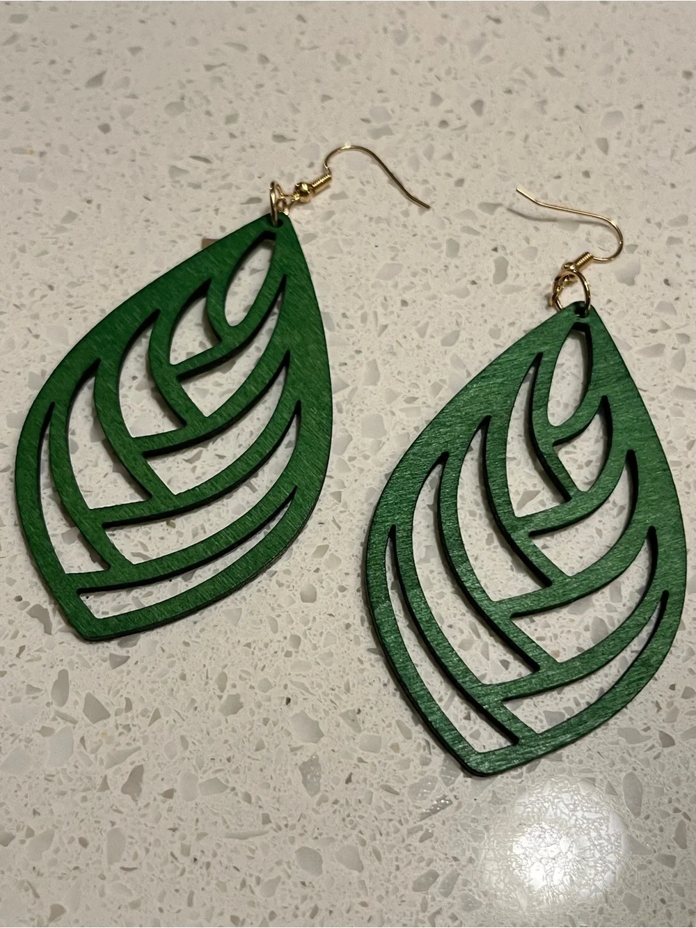 Olive Green Leaf Cutout wooden Drop Earrings